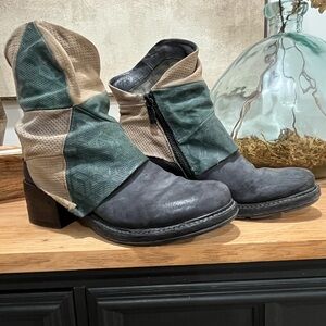 AS 98 Airstep italian Zipper Boho Biker Distressed tan/emerald green rare Boots